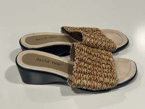 David Tate Bando Raffia Gray Slip On Slide Sandals US 6.5